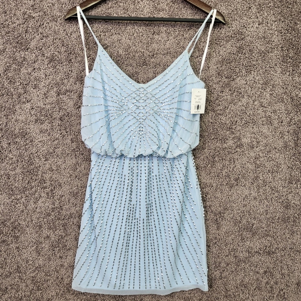 XSCAPE Women's Spag Strp Beaded Mesh Blouson Mini Dress Light Blue Size 2 NWT